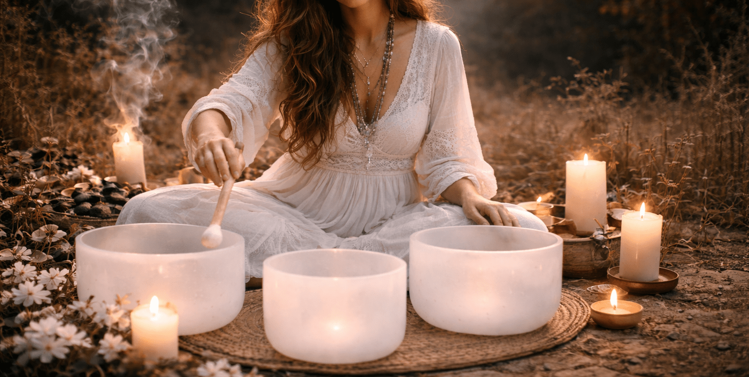 a young woman dressend in white playing white crystal bowls