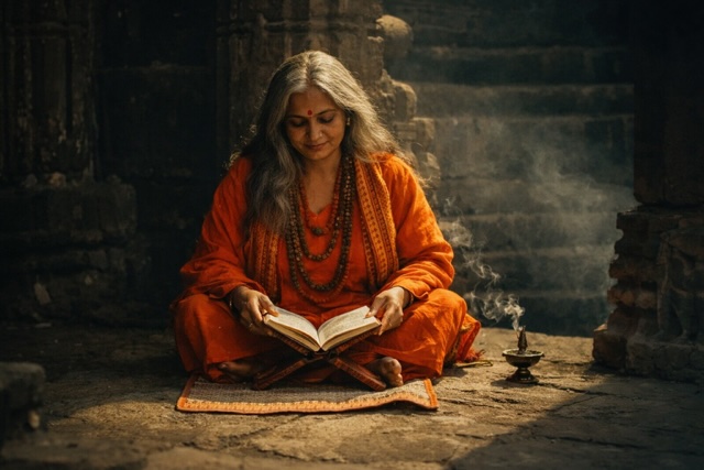 An indian woman dressed in orange robes reading sacred texts